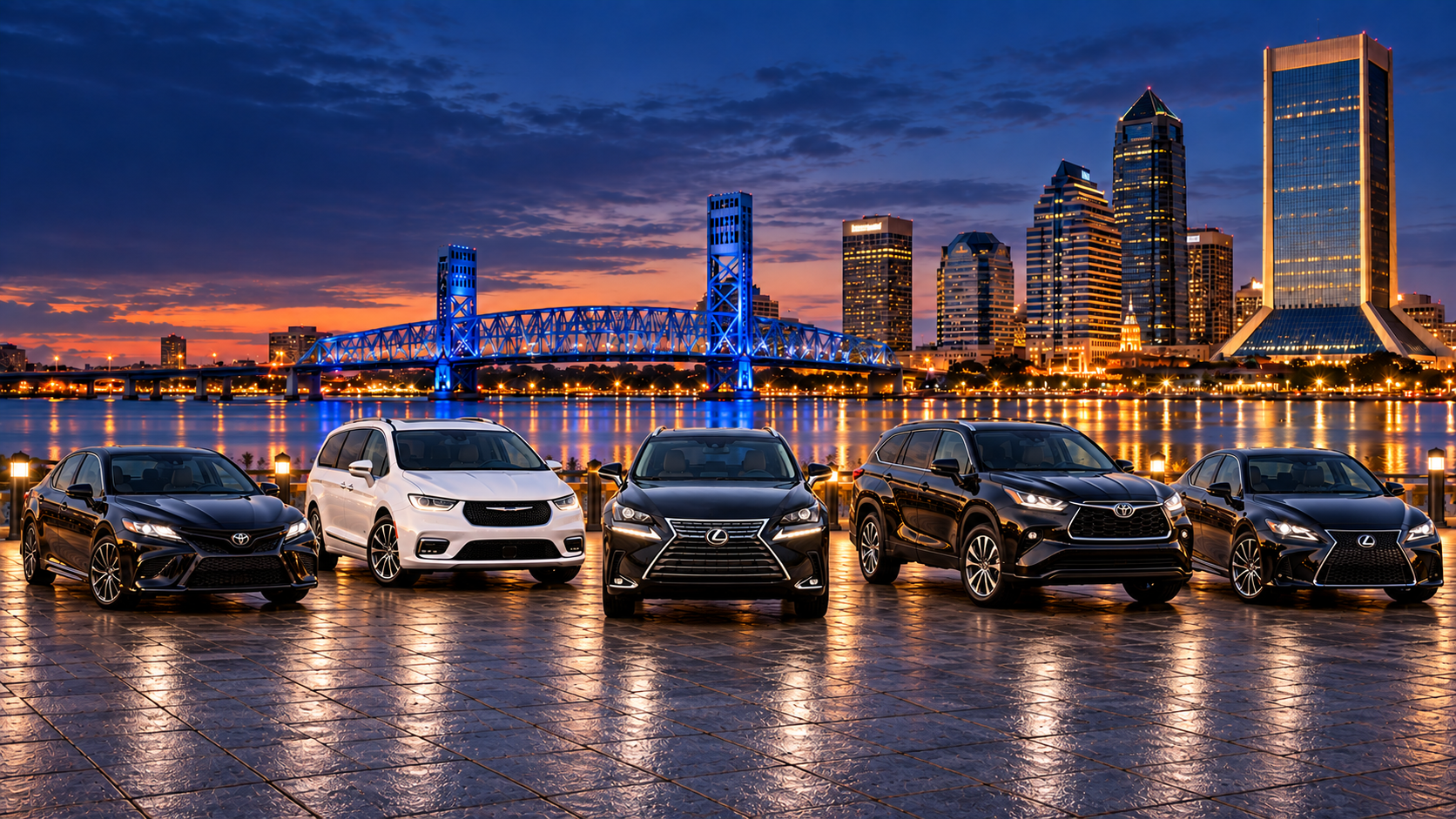 JAX Ride Rentals fleet: Toyota Camry, Chrysler Pacifica, Toyota Highlander XLE, Lexus IS 300, and Lexus NX at the Jacksonville waterfront